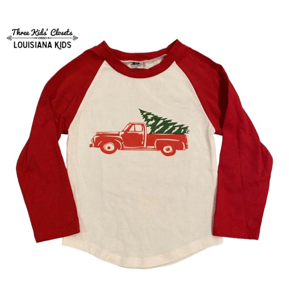 Christmas Holiday XS (3-4Y) Custom Made Truck & Christmas Tree Raglan Shirt